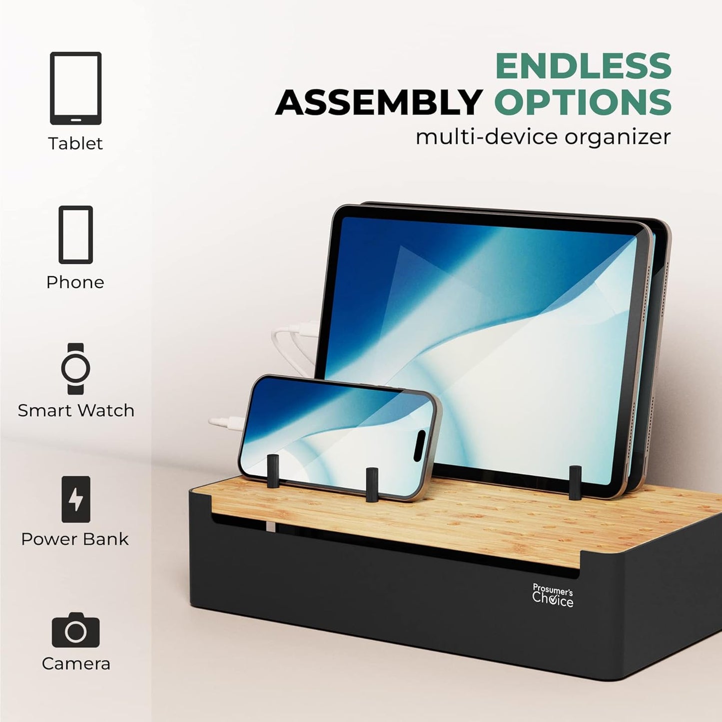 Prosumer's Choice Black Wooden Charging Station Organizer for Multiple Devices - Cable Management Box with 5 Slots and Removable Dividers - Charger Organizer for Phone, Tablet, Home, Office, 12"x6"x7"