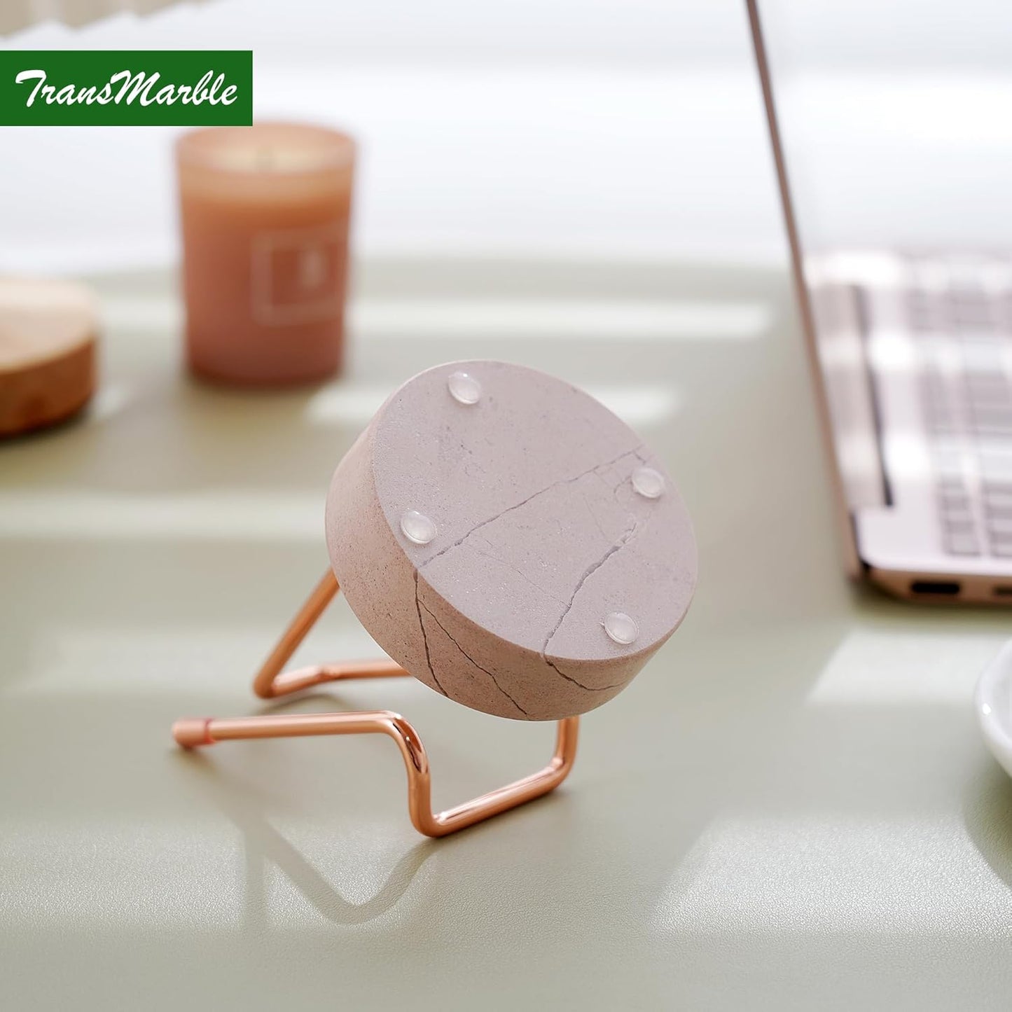 Marble Phone Stand with Metal Holder, Charging Available While Using, Swipe Up to Unlock, Made of Natural Marble as Business Card Holder for Office Desk (Rose Pink + Rose Gold)