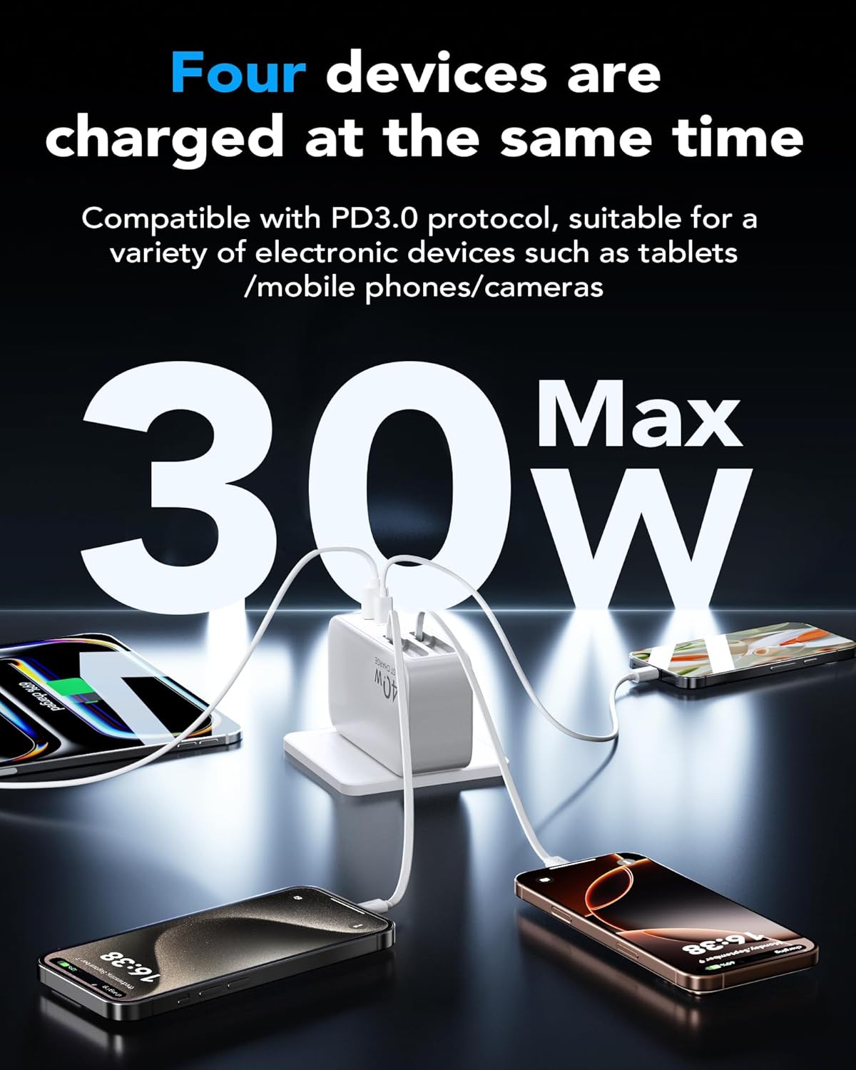 Retractable USB C Charger Wall Plug with Dual 35.5in/90cm Type C Cables Cords,40W Fast Charging Foldable Block Multi Charger for All Devices for iPhone 16/15/14/13/12/11,iPad,Galaxy,Pixel