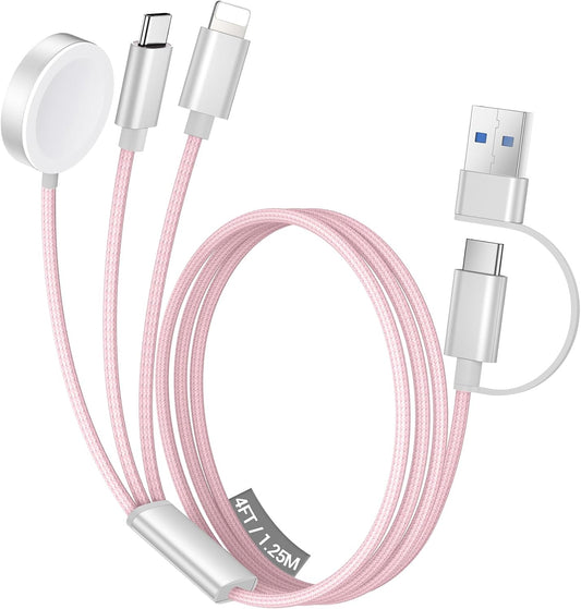 Temdan for Travel Vacation Essentials,3 in 2 USB C Cable for Apple Watch Charger/iPhone 16 Charger/Lightning,Multi Charging Cable Cord,Camping Essentials,Designed for iWatch & iPhone 16-12-4FT Pink