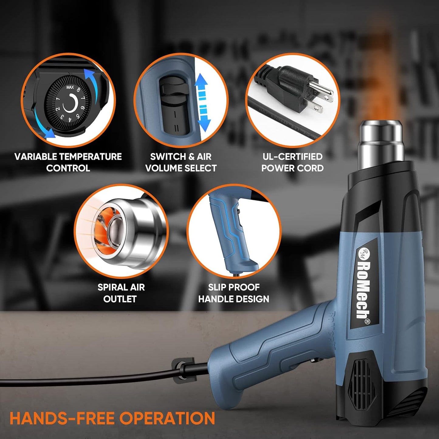 ROMECH 1500W Heavy Duty Heat Gun, Variable Temperature Control Hot Air Gun Kit with 2 Air Flow 120°F~1200°F and 4 Nozzles for Crafts Shrink Wrap (Blue)