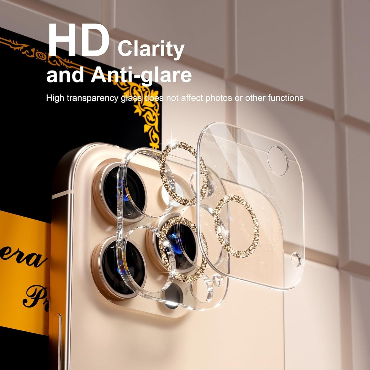 beuxece for 6 Pack iPhone 15 Pro/iPhone 15 Pro Max Camera Lens Protector [Drop Protection] [Case Friendly] [Easy Installation] 9H Tempered Glass Camera Screen Protector Cover, Glitter Gold