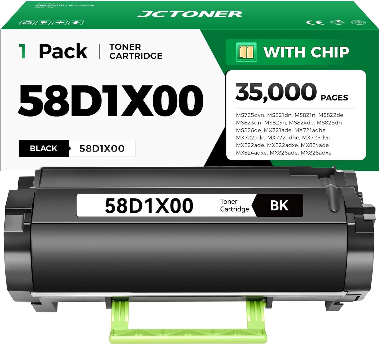 58D1X00 Toner Cartridge with Chip 1-Pack Black Extra High Yield Compatible Replacement for Lexmark MS725 MS821 MS822 MS823 MS824 MS825 MS826 MX721 MX722 MX725 MX822 MX824 MX826 Laser Printer Ink dn