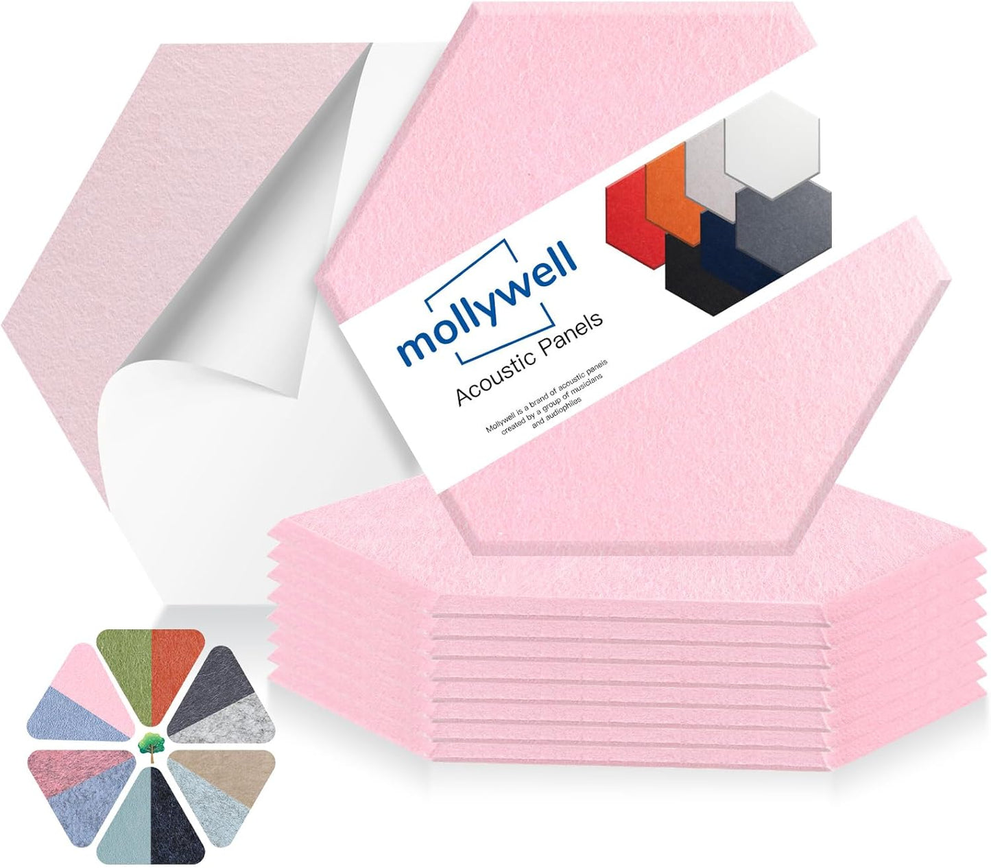 Mollywell Hexagon Acoustic Panels, High Density, Soundproofing, Decorative Noise Reduction Felt Wall Tiles for Ceilings, Home Office & Gaming Room (Cherry Blossom Pink), 14x12x0.4 Inch