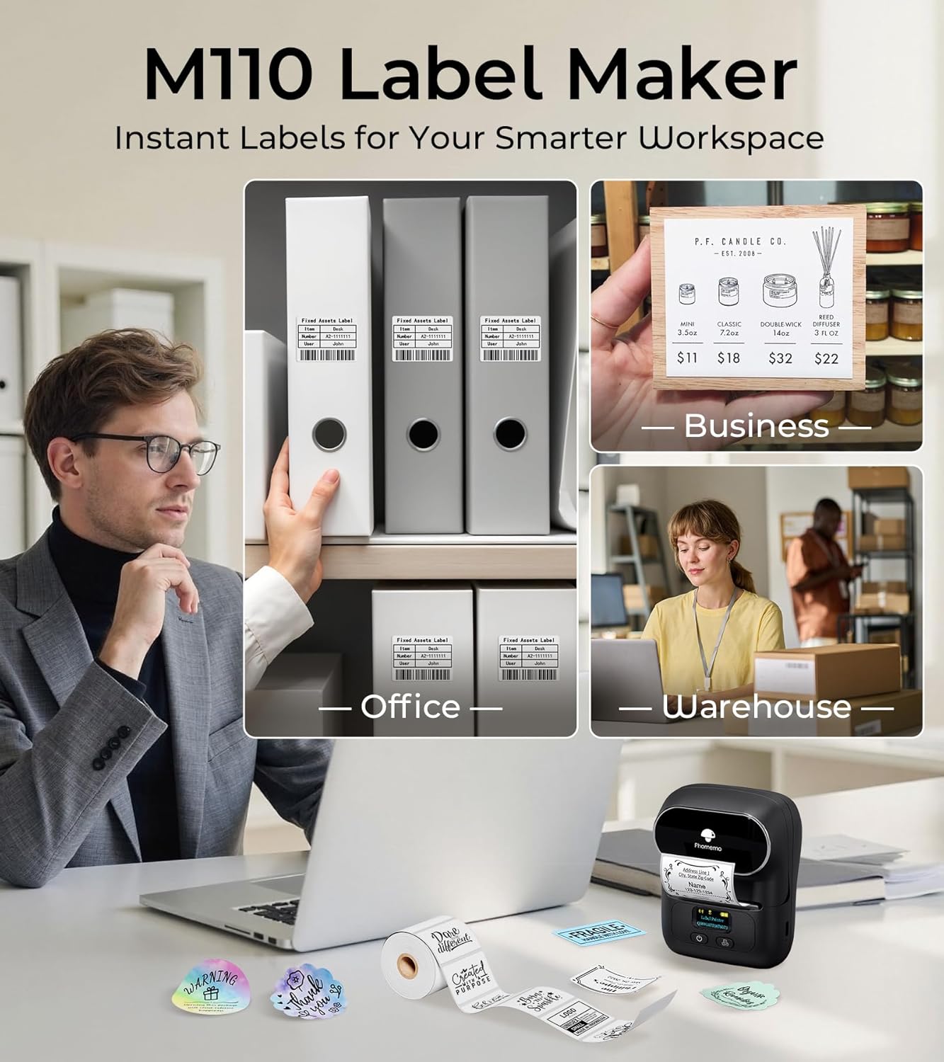 Phomemo M110 Label Maker - Label Maker Machine with Tape Portable Bluetooth Barcode Label Printer for Small Business, Address, Logo, Clothing, Mailing, with 40x30mm Label, Black