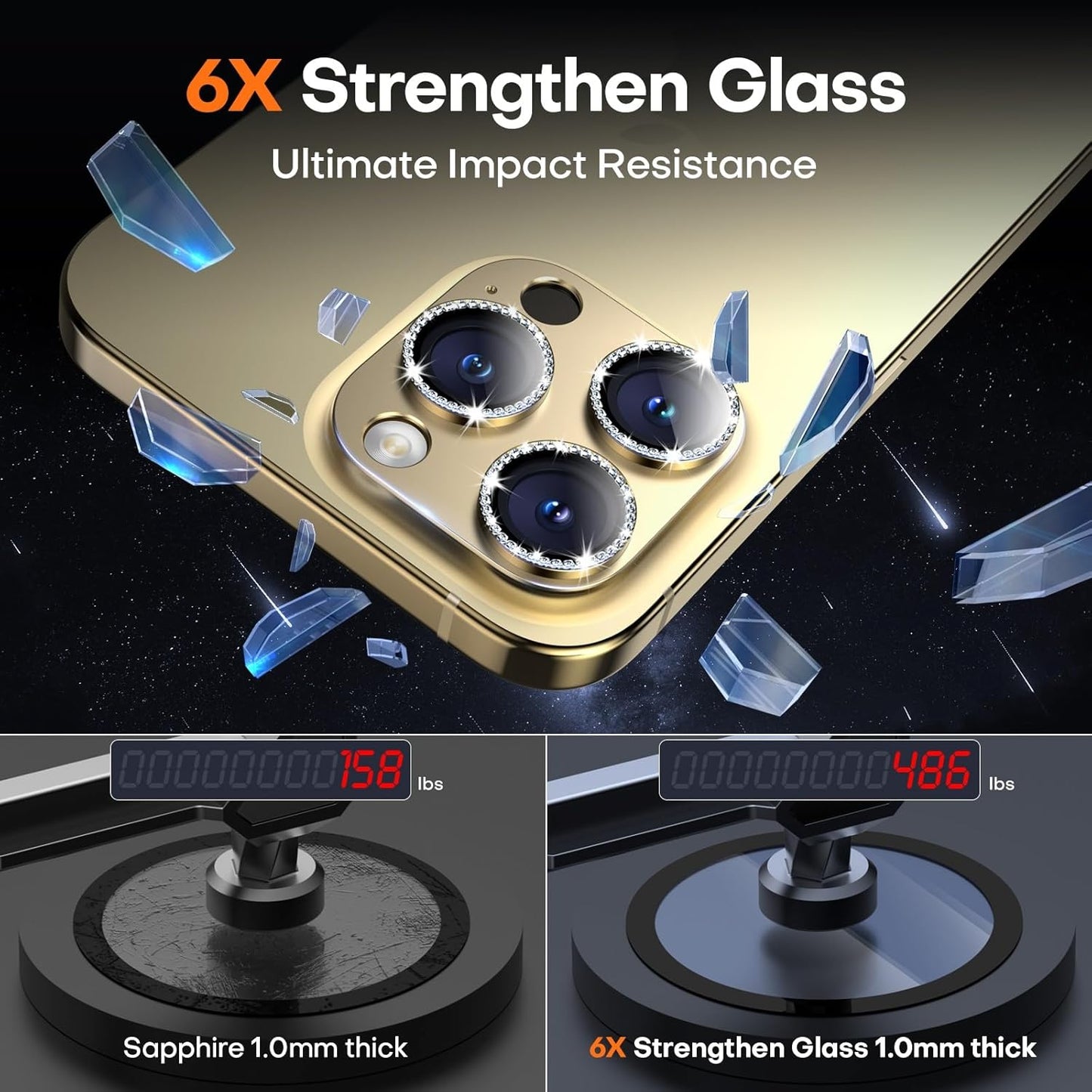 Camera Lens Protector for iPhone 16 Pro Max/16 Pro/iPhone 15 Pro Max/15 Pro/iPhone 14 Pro Max/14 Pro, Aluminum Alloy Sapphire Glass Camera Screen Cover, Case Friendly- Gold Diamond