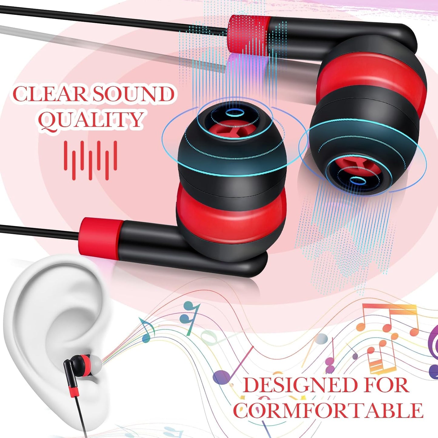 Kanayu 100 Pack Wired Earbuds Bulk for Classroom Ear Headphones Wired Basic Student Earbuds No Microphone with 3.5mm Jack for Kids Class Laptop School Library, Individually Bagged(Red)