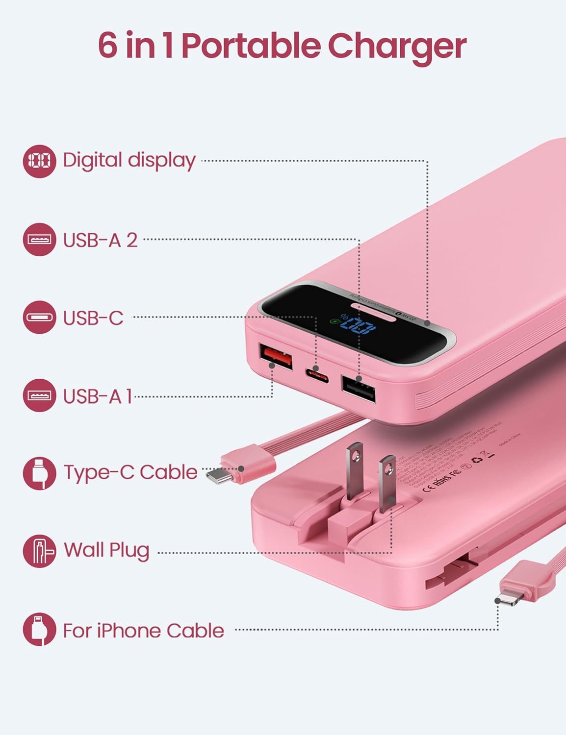 12000mAh Lightweight-Portable-Charger-Power-Bank with Built-in Cables and AC Wall Plug, PD20W USB-C Fast Charging Battery Pack, LED Display External Travel Phone Charger for All iPhone,Samsung,Android