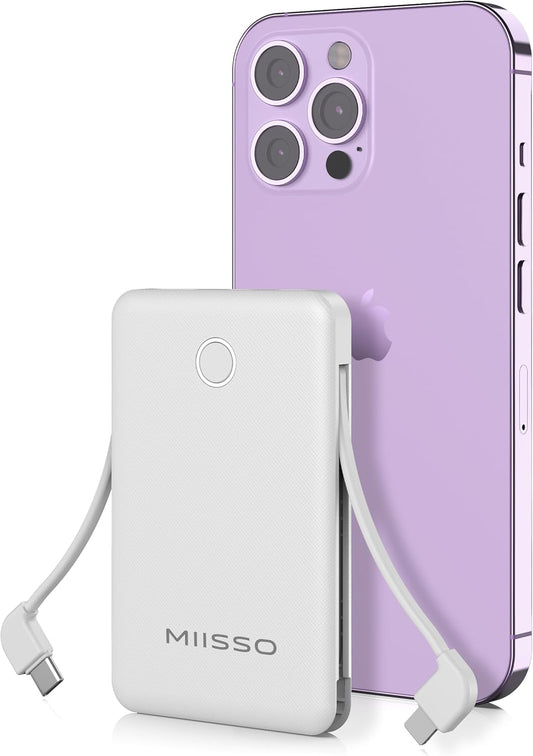 miisso 6000mah Ultra Slim Built in Cables Power Bank, Card Size Built in USB C Cords Battery Pack Portable Charger for Phones, 3 Output External Battery Pack Compatible with iPhone, Snow White