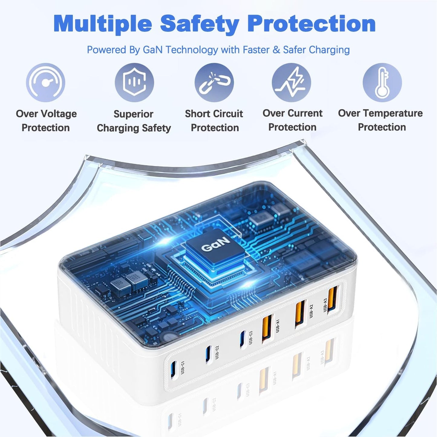 USB C Charger Block 100W Charging Station Hub GaN-III 6 Port Type C Travel Charger for Multiple Devices USB C Power Strip Adapter Plug Cube Brick for iPhone 16 15 14 13 12 Pro Max,iPad,Galaxy,5ft Cord