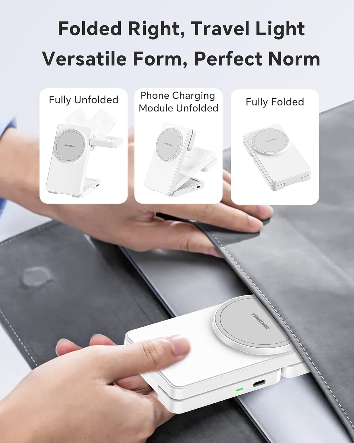 3 in 1 Charging Station for iPhone 16/15/14/13/12 Series, Wireless Charger for Apple Watch，Travel Magnetic Charging Stand for AirPods (White Grey)