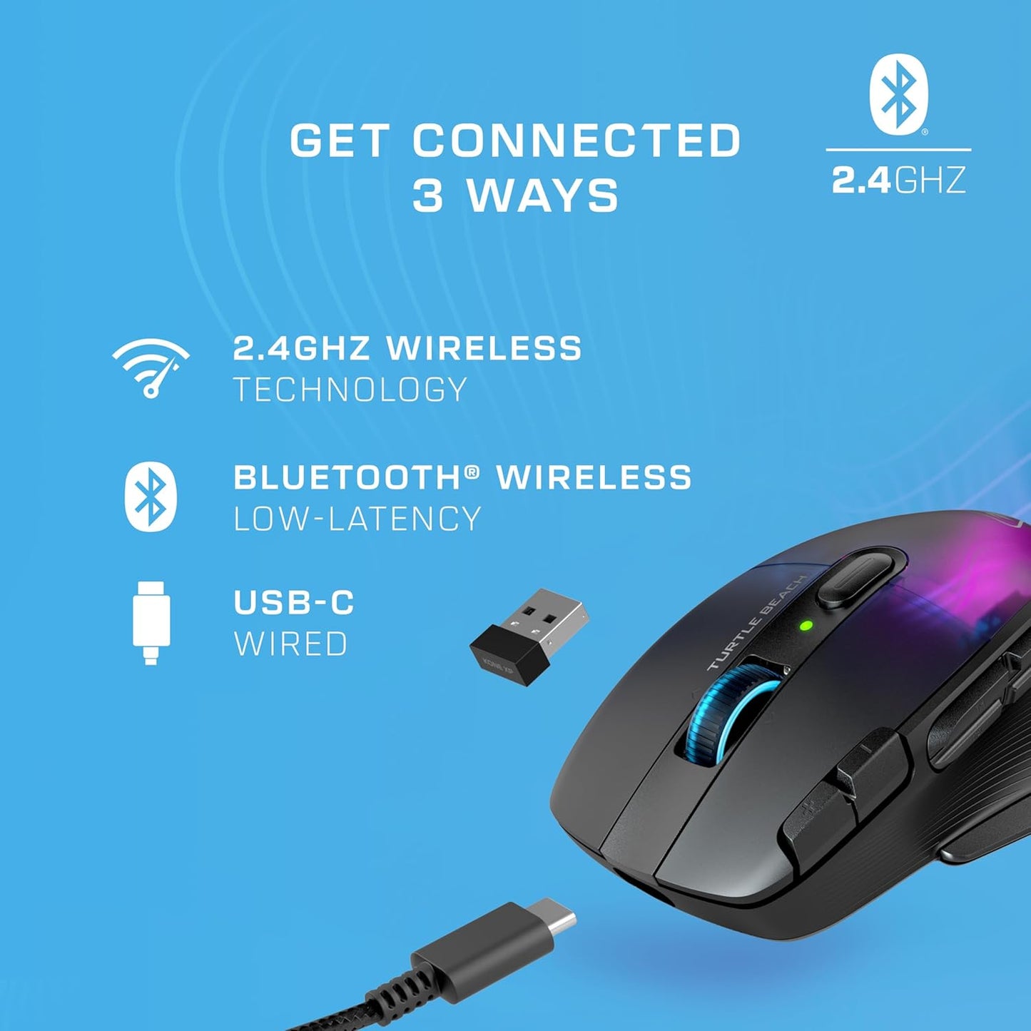 Turtle Beach Kone XP Air Wireless Customizable Ergonomic RGB Gaming Mouse, Bluetooth, 19K DPI Optical Sensor, 100-hour Battery & Charging Dock, 29 Programmable Inputs & RGB Lighting, 4D Wheel – Black