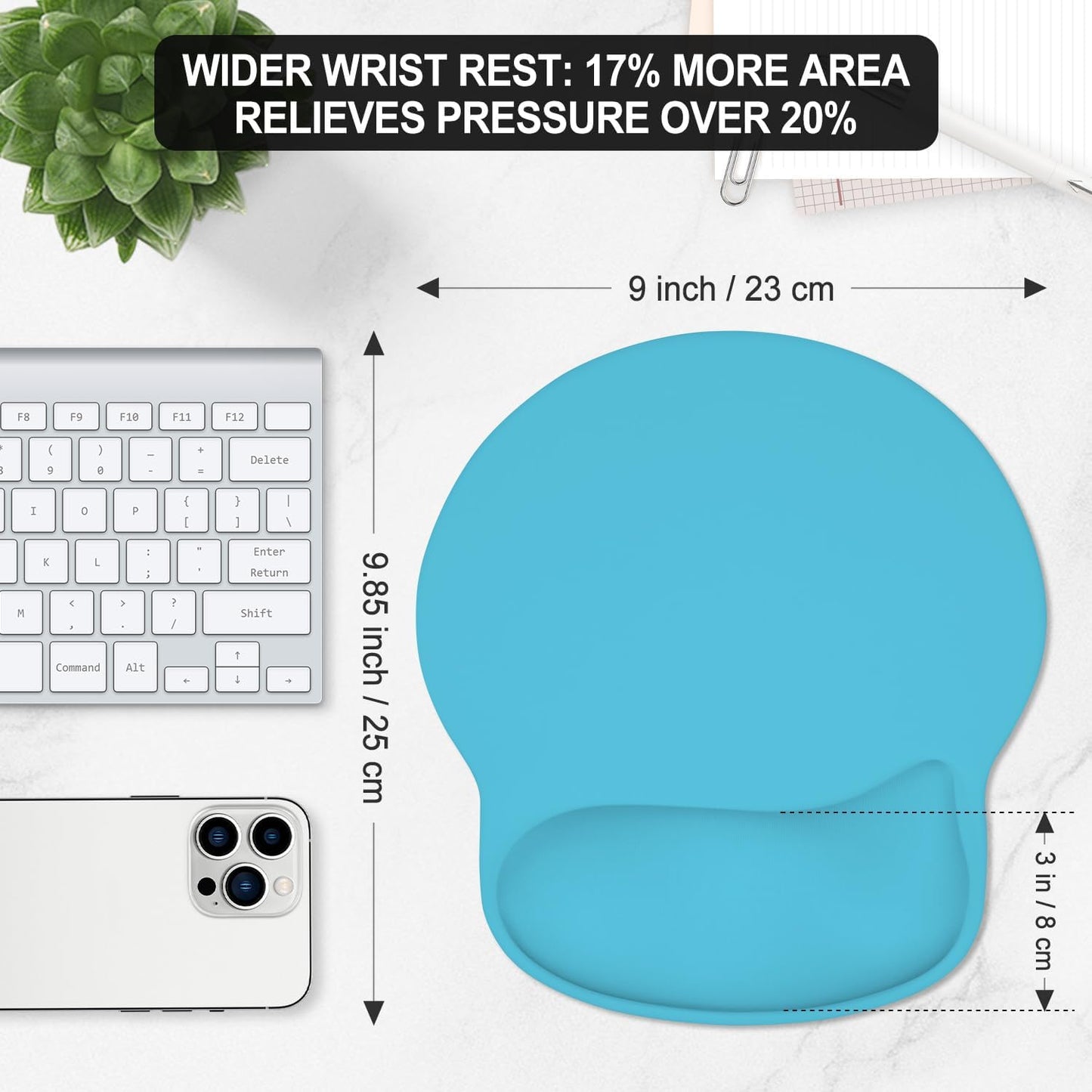 ITNRSIIET Ergonomic Mouse Pad with Wider Memory Foam Wrist Rest +17%, Curved Cushion Reduces Pressure 20%, Pain Relief, Non-Slip, Smooth, Cute Color Desk Accessory, 9.85 x 9 inch, Powder Blue