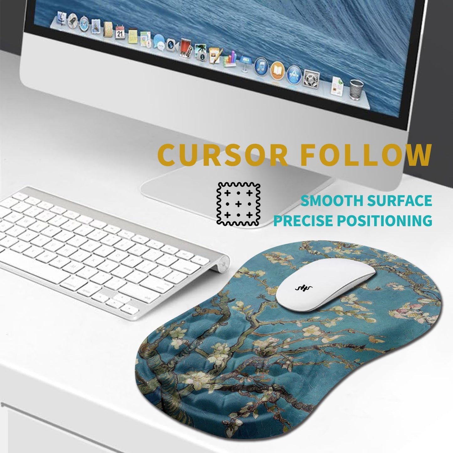 Hokafenle Ergonomic Mouse Pad Wrist Support, Wrist Rest Mousepad for Carpal Tunnel Pain Relief with Integrated Memory Foam Slope Massage Bulge (11.8x7.9 inch,Apricot Flower