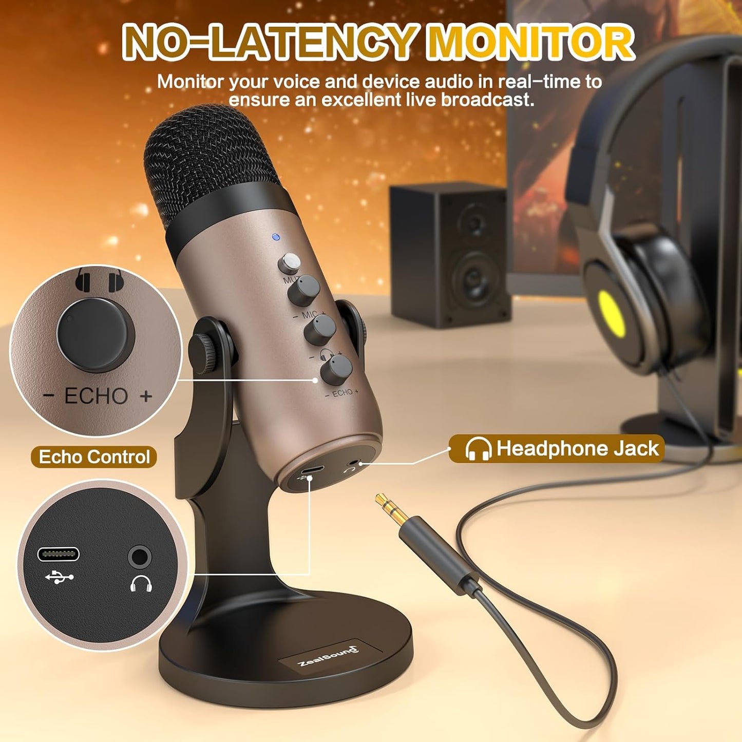 ZealSound USB Microphone,Condenser Computer PC Mic,Plug&Play Gaming Microphones for PS 4&5.Headphone Output&Volume Control,Mic Gain Control,Mute Button for Vocal,YouTube Podcast on Mac&Windows(Gold)