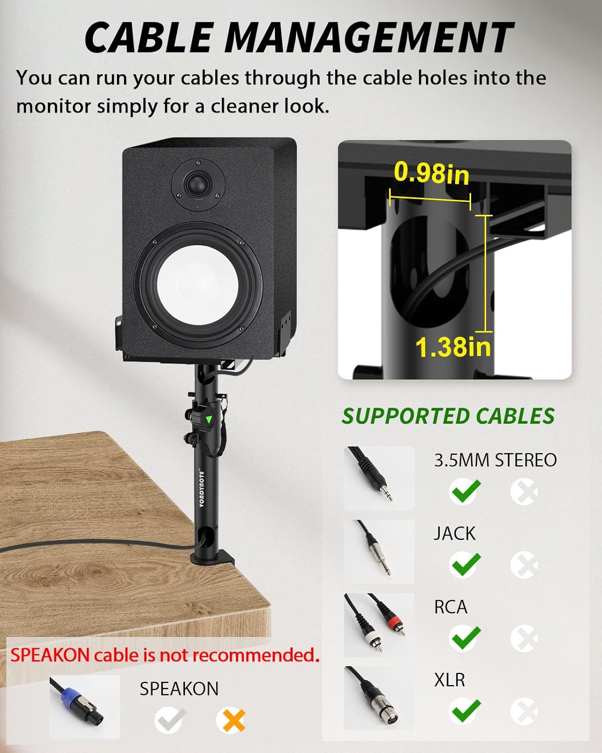 Set of 2 Dual Side Clamping Studio Monitor Stands Desktop Clamp Speaker Stands with Cable Management Extendable Top Plate Mounted by Screws