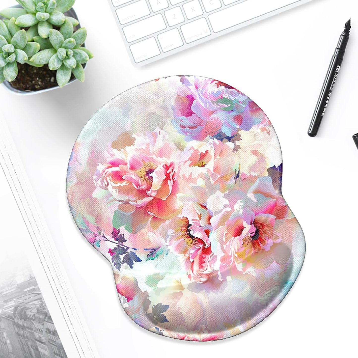 ITNRSIIET Ergonomic Mouse Pad with Gel Wrist Support Small Wrist Rest Smooth Surface Non-Slip PU Base Comfortable Office Supplies Pain Relief, 8.7 x 7.2 inches, Beautiful Flowers