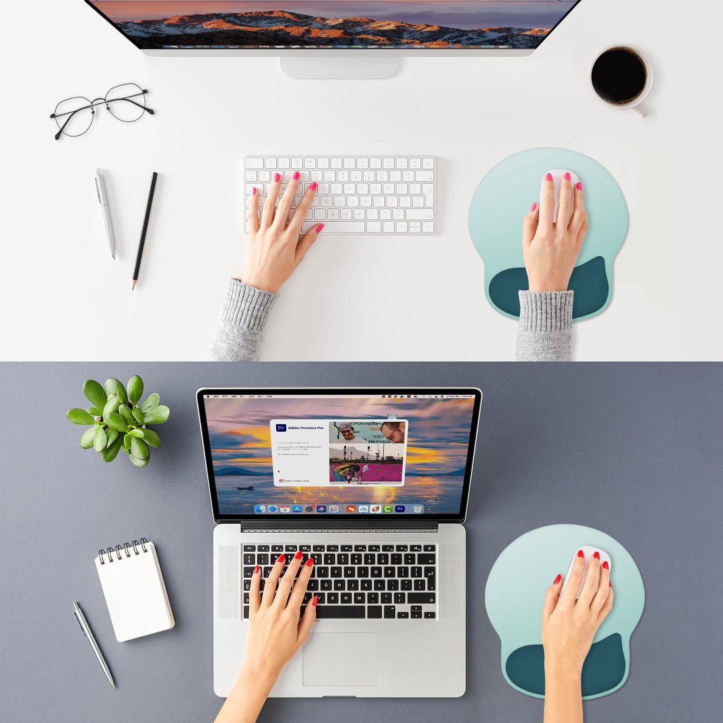 ITNRSIIET Ergonomic Mouse Pad with Wider Memory Foam Wrist Rest +17% - Curved Cushion Reduces Pressure 20%, Pain Relief, Non-Slip, Smooth, Cute Colors, 9.85 x 9 in, Light Green to White