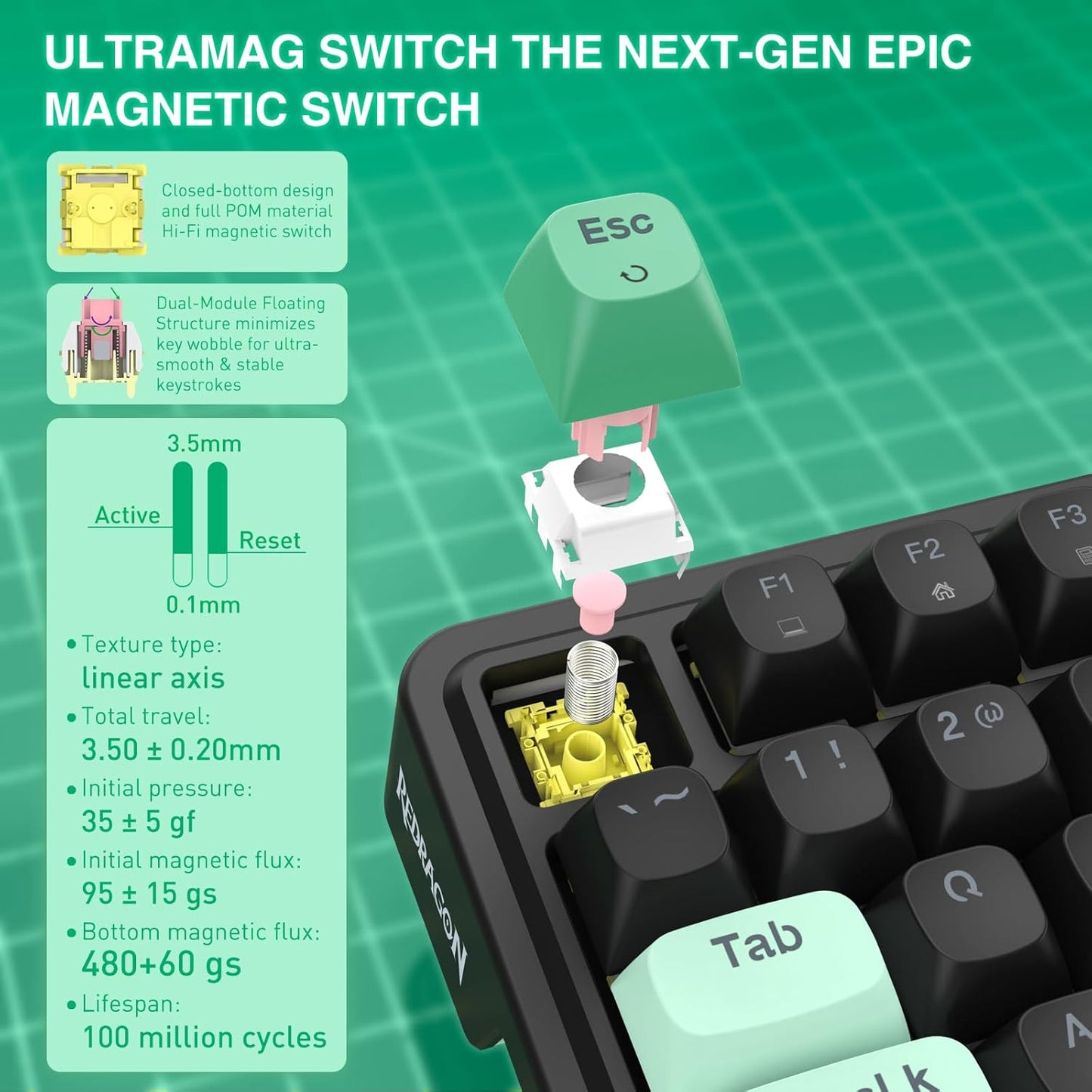 Redragon K686 HE Rapid Trigger Gaming Keyboard, 98 Keys 8K Wired Mechanical Keyboard w/ Next-Gen UltraMag 100% POM Silky Magnetic Switch, Dual-Module Floating Patent Structure Design, 2-Layer Noise Dampening