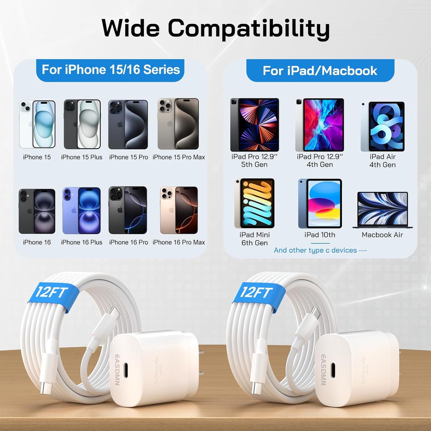 30W USB C i Phone 16 15 Charger Fast Charging, 2PACK Wall Charger for iPhone 16 15 Pro Max Charger Cord 12FT Fast Type C Charger Block for iPhone 16/16 Pro/15 Plus/15 Pro/15 Pro Max, iPad Pro/Air/Mini