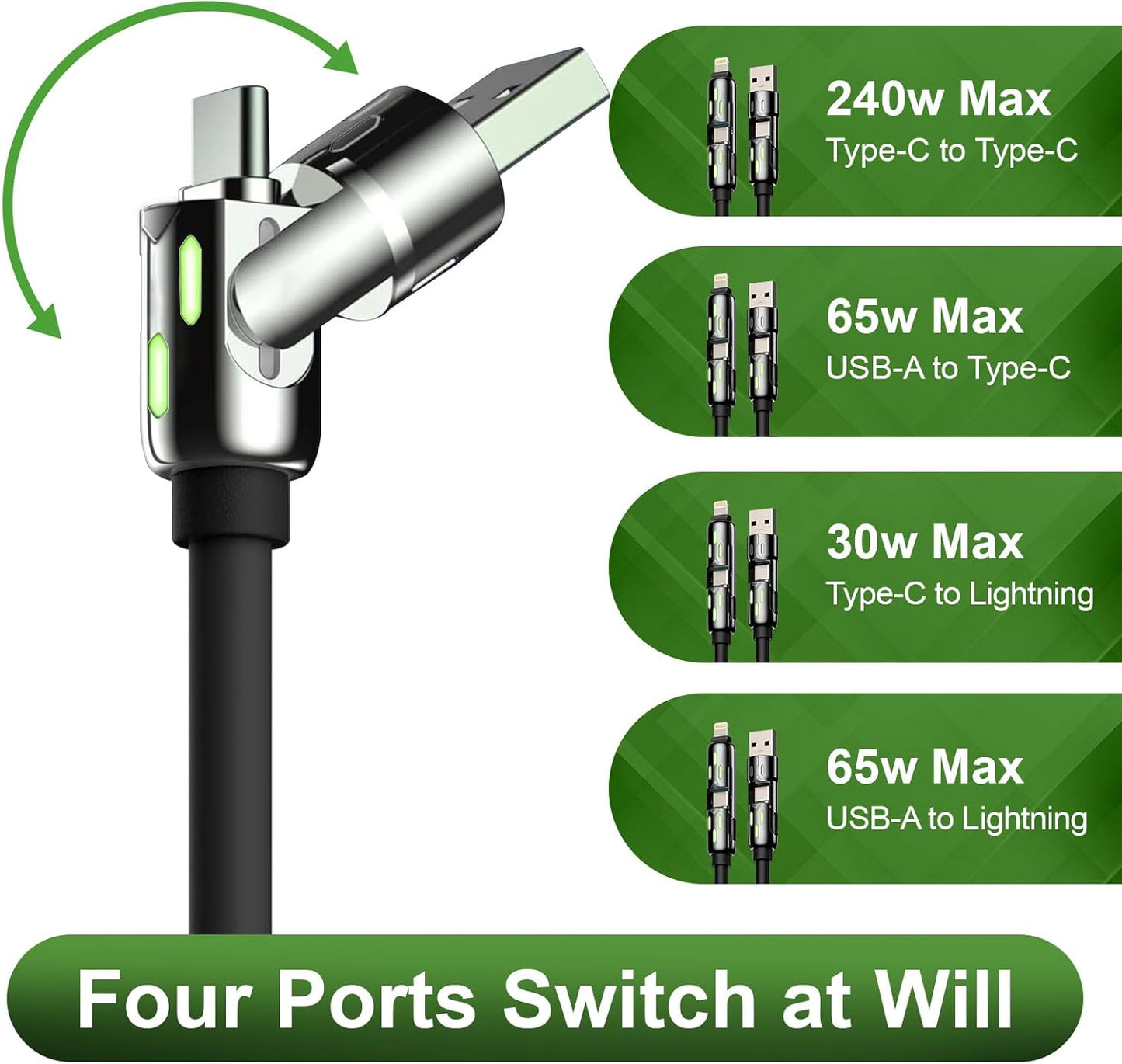 KerrKim 240W 4-in-1 Multi Fast USB Charging Cable with Breathing Light, USB A Type C Lightning Cable for iPhone 16 15 14 13 12 11 Pro Max iPad Samsung Galaxy MacBook iPad Tablets & More (6FT, Black)