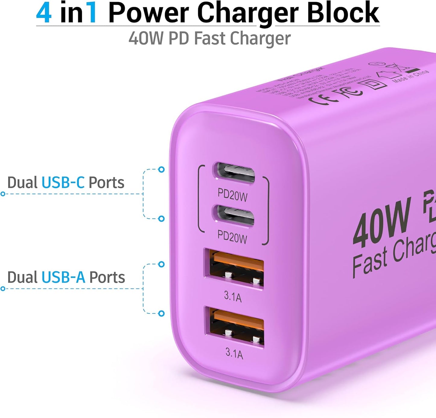 USB C Block 40W, 4 Ports Wall Plug Fast Charging Block, PD+QC Multiport Power Adapter USB C Charger Type C for iPhone 16,15,14,13,12,11, Pro Max, X, Xr, Xs, 8, 7, Watch, Galaxy Phones (Purple 1Pack)