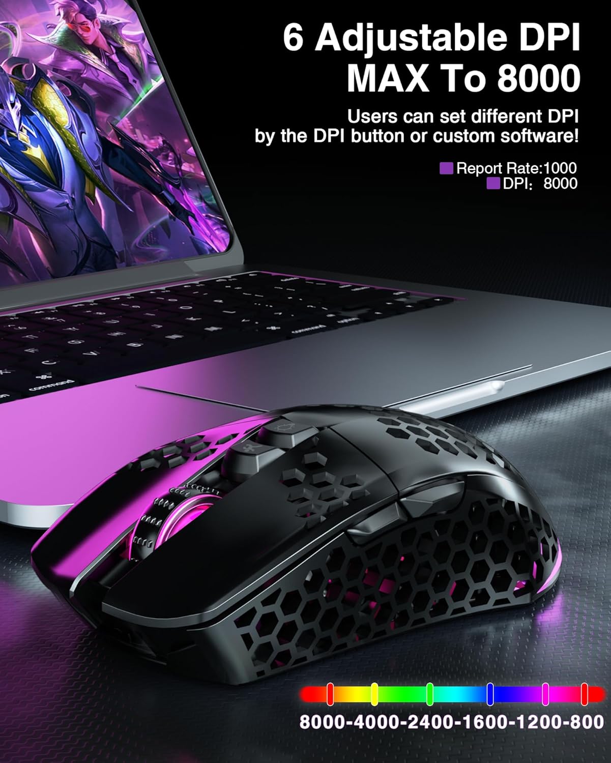 SM600 Honeycomb Shell Gaming Mouse Wireless,8000 DPI Tri-Modes BT5.1/2.4G Wireless/Type-C Wired Gamer Mouse with 2 Side Buttons, Macro Programmable and RGB Light for PC/Mac/Laptop,Black