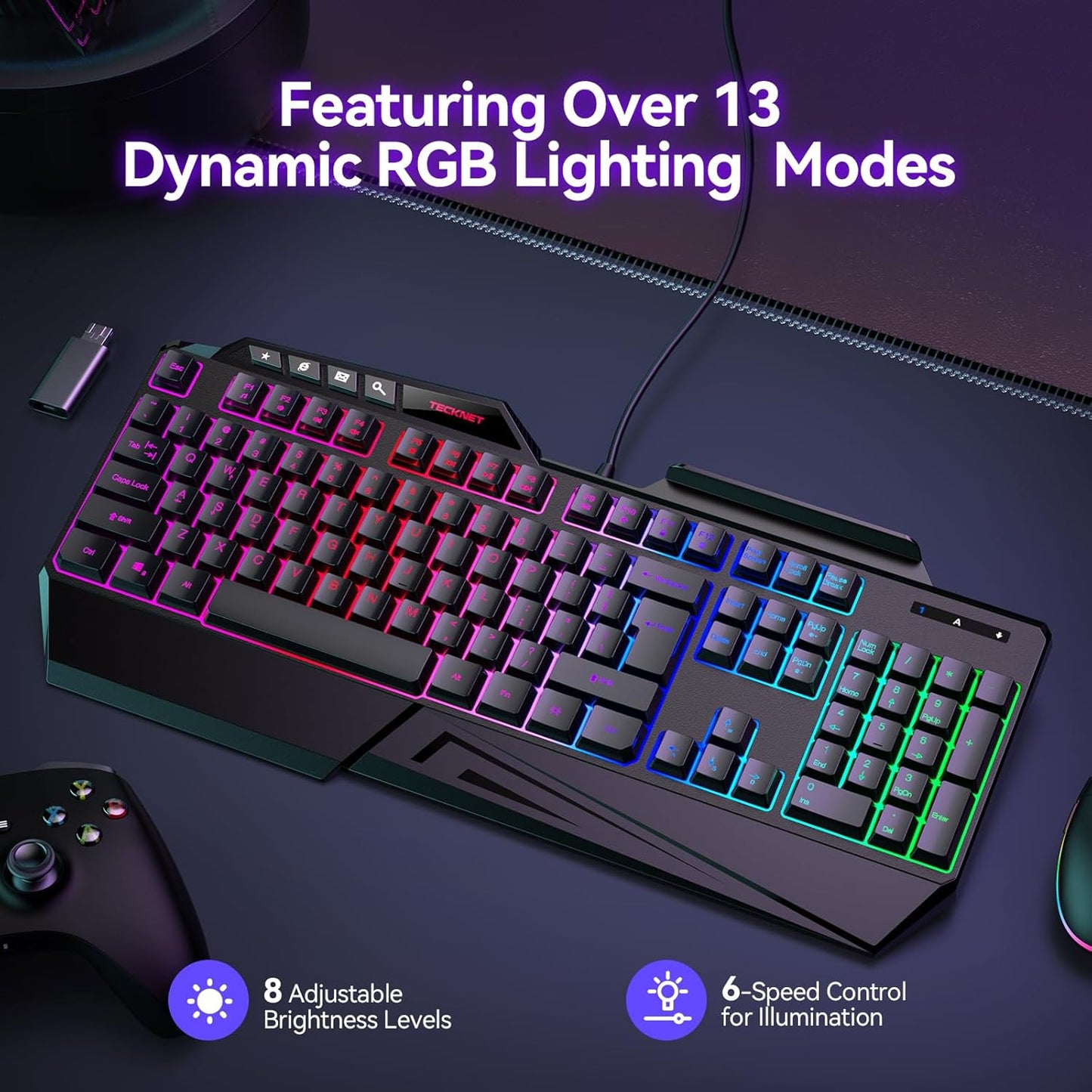 TECKNET Wired RGB Gaming Keyboard - 26-Key Anti-Ghosting, 13 Lighting Modes, Spill-Resistant, 108 Membrane Keys, Plug & Play - with Ergonomic Wrist Rest & Phone Holder for Windows/Mac (Black)