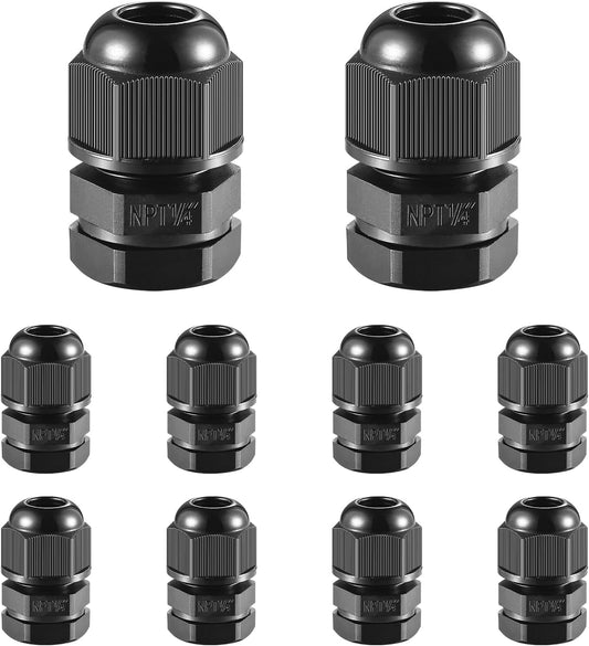 10 PCS 1/4"(4-8mm) NPT Nylon Cable Gland Joints with Gaskets, IP68 Adjustable Lock Nut Strain Relief Cord Grip Waterproof Cable Glands - UL Listed and RoHS Compliant