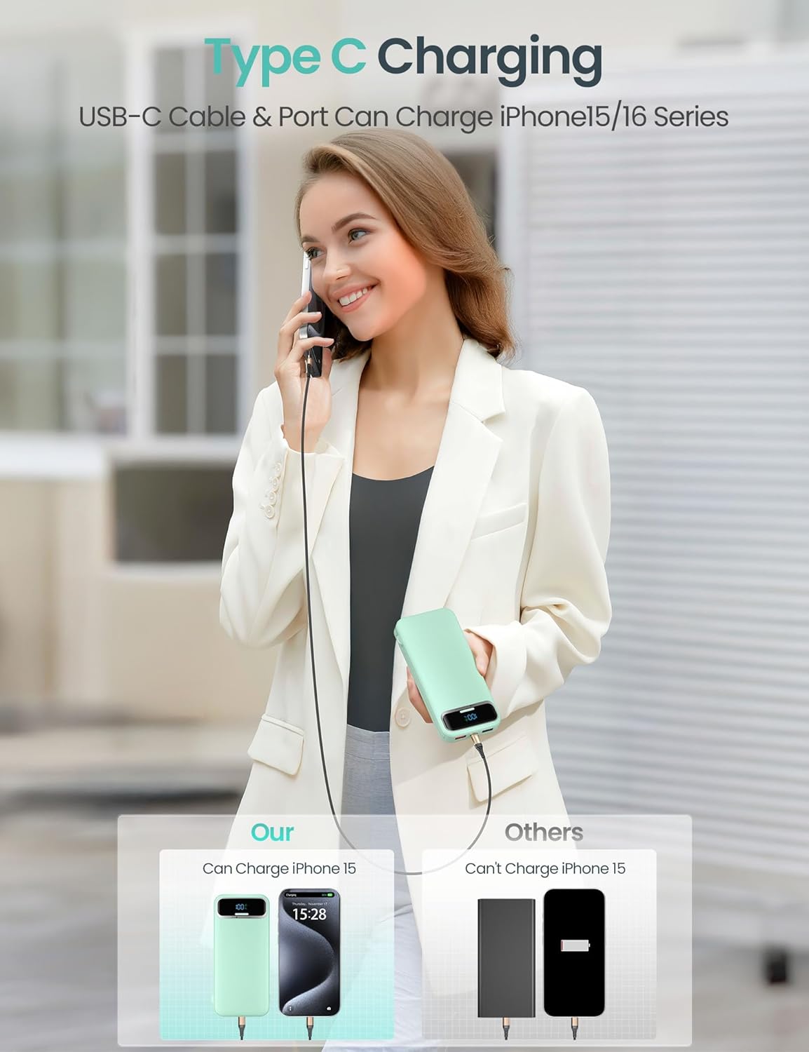 12000mAh Lightweight-Portable-Charger-Power-Bank with Built-in Cables and AC Wall Plug, PD20W USB-C Fast Charging Battery Pack, LED Display External Travel Phone Charger for All iPhone,Samsung,Android