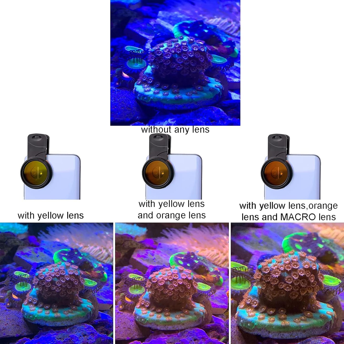 Reef Coral Lens for Phone, Smartphone Camera Reef Lens,11 Kits in a Whole Coral Reef Filter Lens Set，1 Dust Case 2 Clips 8 Lenses Yellow,Orange,Gradual Yellow Orange Pink,Star6,CPL,Macro