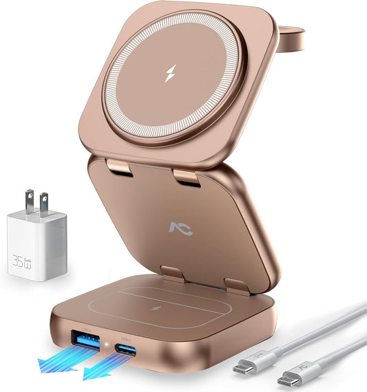 5-in-1 Wireless Charger for MagSafe, AC ISLAND Portable Travel Charging Station, 15W Max Fast Foldable Magnetic Stand, Evolved for iPhone 16/15/14/13 Series, Apple Watch, AirPods (with 35W Adapter)