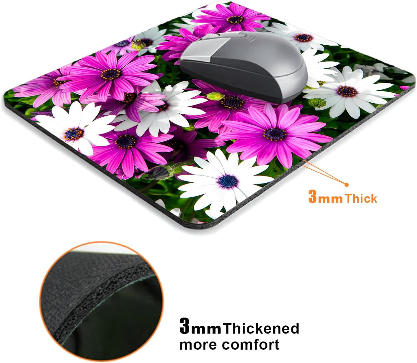 Purple and White Flowers Mouse Pads for Desk, Portable Wireless Computer Mouse pad Small Design with Women, Non-Slip Rubber Base Laptop Mousepad 9.5" x 7.9" Smooth Surface for Office & Travel