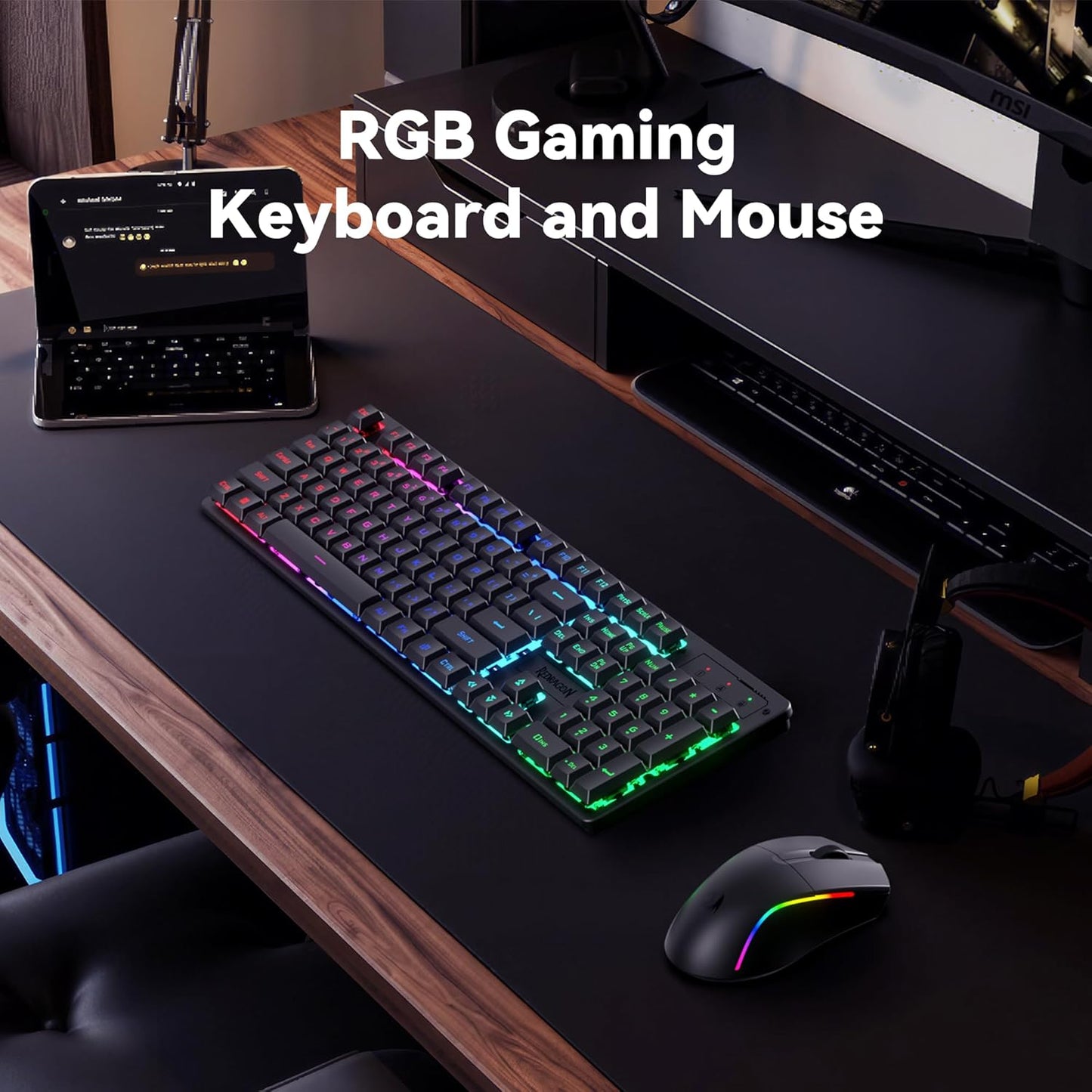 Redragon S107KS Wireless Gaming Keyboard and Mouse, RGB Backlit, 3 Mode (Wired/2.4G/BT), Up to 10,000 DPI Gaming Mouse with Software, Ultra Lightweight 65g, 25 Key Anti-Ghosting Keyboard for PC