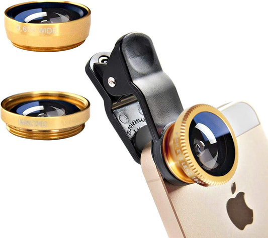 3 in 1 Cell Phone Camera Lens Kit Wide Angle Macro Fisheye Lens Universal for Smart Phones iPhone Samsung Android(Gold)
