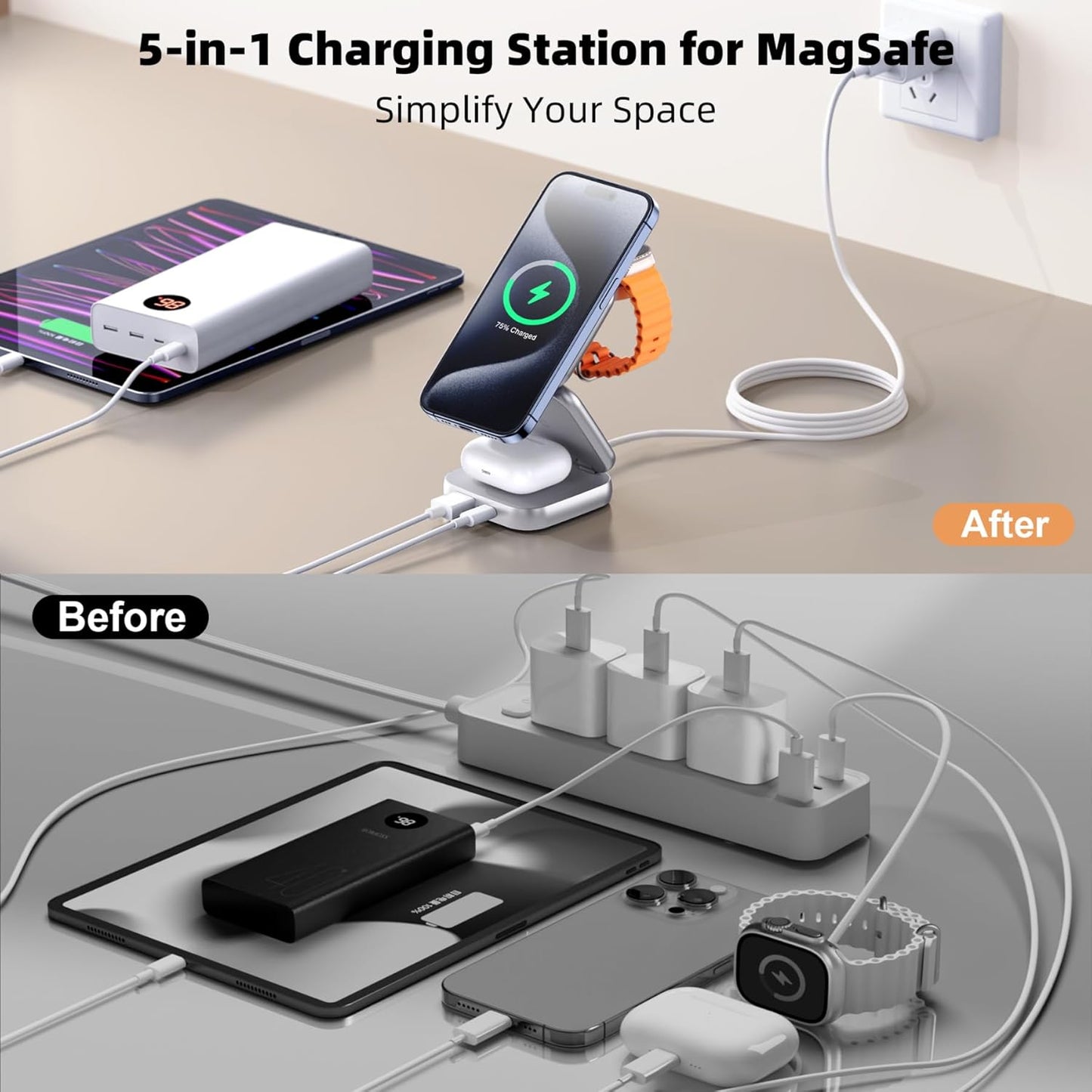 5-in-1 Wireless Charger for MagSafe, AC ISLAND Portable Travel Charging Station, 15W Max Fast Foldable Magnetic Stand, Evolved for iPhone 16/15/14/13 Series, Apple Watch, AirPods (with 35W Adapter)