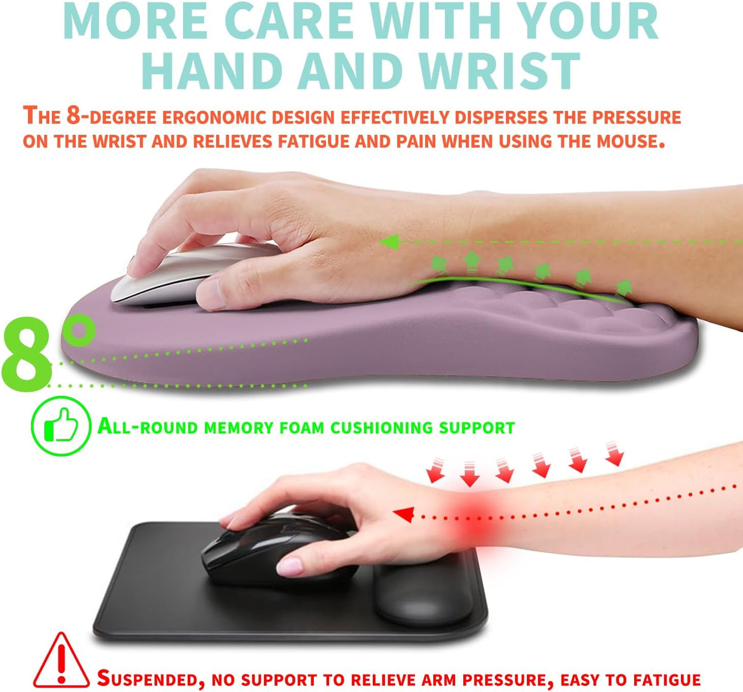 Ergonomic Mouse Pad Wrist Support with Memory Foam Massage Bulge, Carpal Tunnel Pain Relief Mousepad Wrist Rest for Mouse(12x8 inch, Purple)