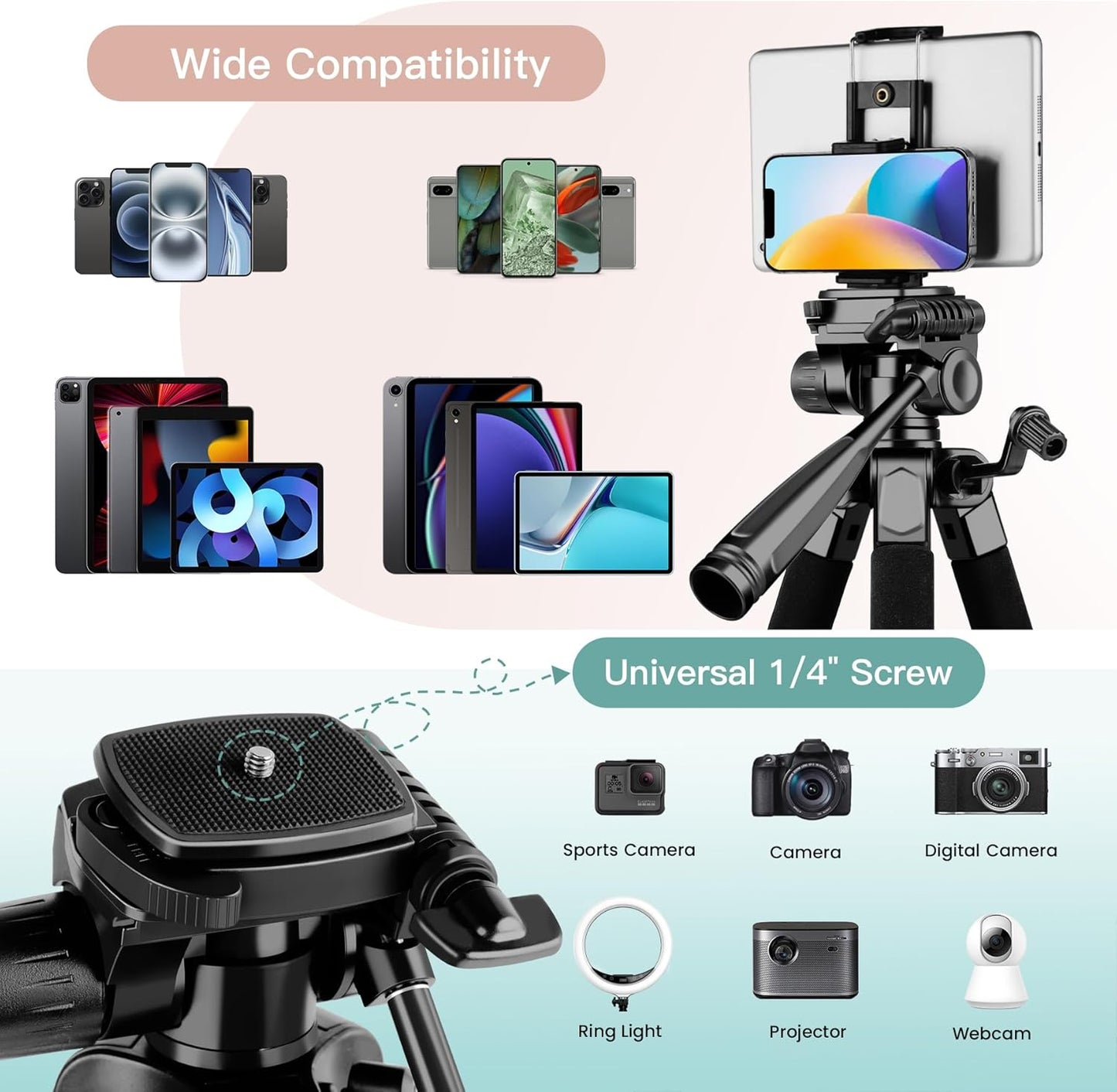 Victiv 68" Phone Tripod Stand, Tablet Tripod for iPhone iPad with Remote and Holder, Phone Stand for Video Recording Travel Photo Vlog Photography, Compatible with Smartphone Digital Camera