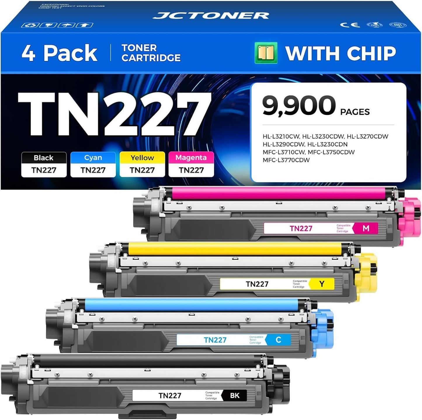 TN227 Toner Cartridge Set 4-Pack Replacement for Brother TN-227 TN223 Compatible with Color HL-L3270CDW HL-L3210CW MFC-L3770CDW HL-L3290CDW MFC-L3750CDW L3710CW HL-L3230CDW L3230CDN Printer Ink Black