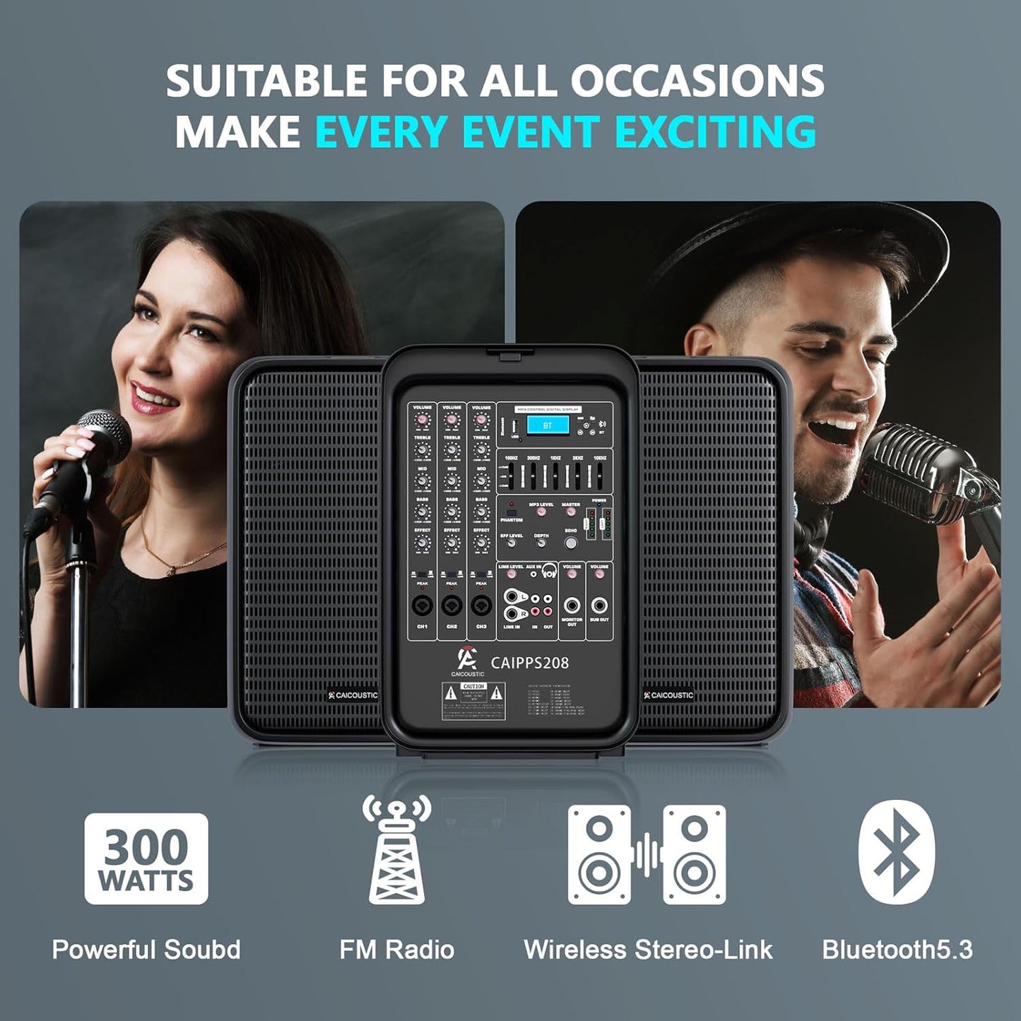 All-in-One 2-Way PA Speaker System DJ Mixer Bundle,300W 8-Channel Mixer Bluetooth, Amplifier Kit with 8" Subwoofer and 1" Horn Tweeter,USB,2 Speaker Stands, Mic