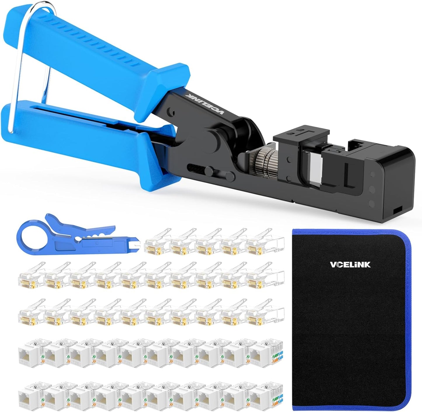 VCELINK Speed Termination Keystone Tool for VCE 90-Degree Keystone Jacks Punch Down Network Tool Kit with 20-Pack CAT6 Keystone Jacks UL-Listed White, 25-Pack RJ45 Connectors and One Mini Wire Strippe