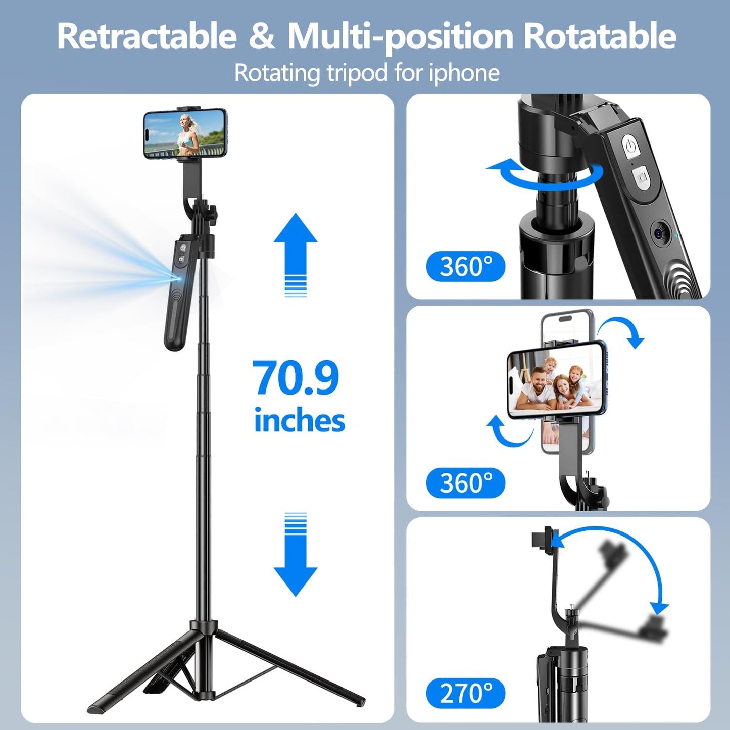 Auto Face Tracking Tripod with 360 Rotation Stand, 70.9" Ai Motion Tracking, Selfie Stick Rotation with Remote, Motion Sensor Phone Stand, for Vlog/Live Stream/Video Recording