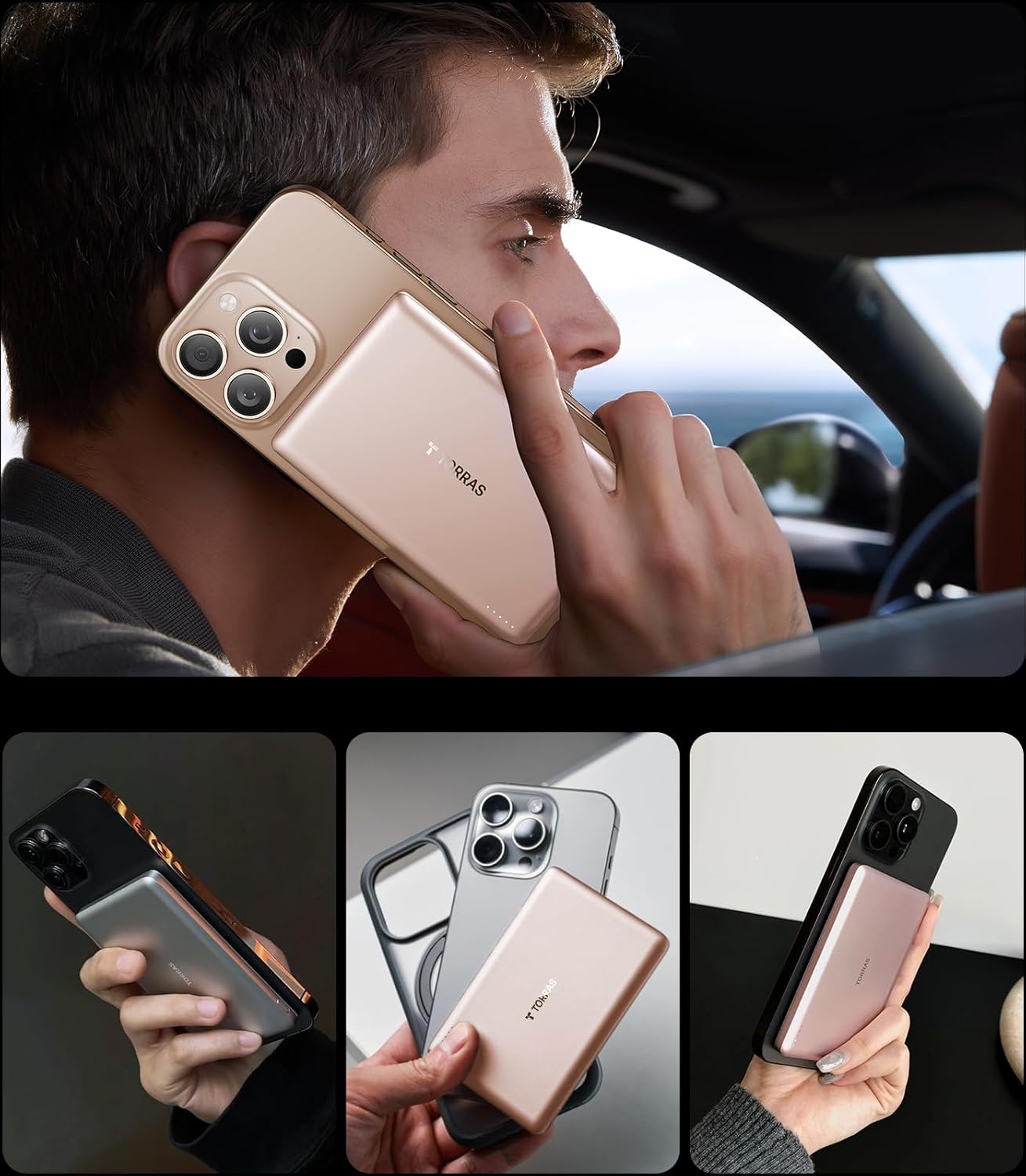 TORRAS MiniMag Power Bank, Ultra Slim 5,000mAh Wireless Portable Charger with USB-C Cable, Fast Charging Magnetic Battery Pack, Magsafe-Compatible Charger for iPhone 16/15/14/13/12, Desert Gold