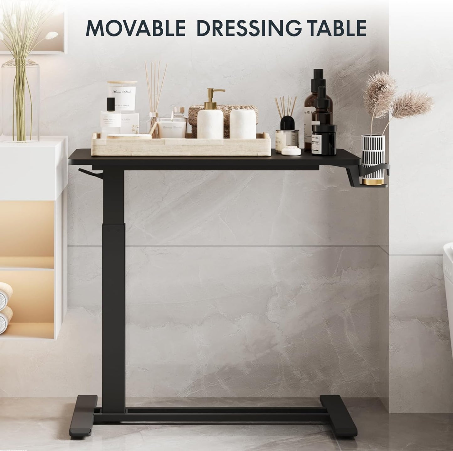 FLEXISPOT H7 Adjustable Overbed Bedside Table with Wheels Pneumatic Mobile Standing Desk Laptop Desk Rolling Computer Cart Movable Overbed Table Hospital Home Use(31.5" W x 17.7" D, Black Large)