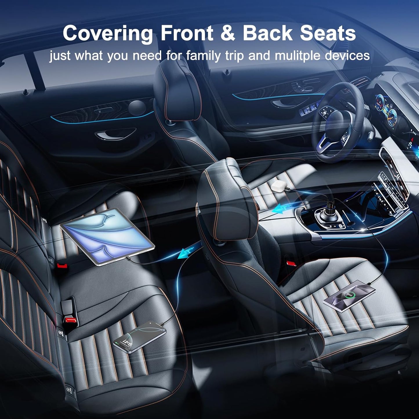 Car Charger for iPhone 16 15 Pro Max, Besgoods 4-Port Cigarette Lighter Adapter USB C & USB A Car Phone Charger Fast Charging Voltmeter for Galaxy S24 S23 A15 A54 Android, 6ft USB C to C Cable