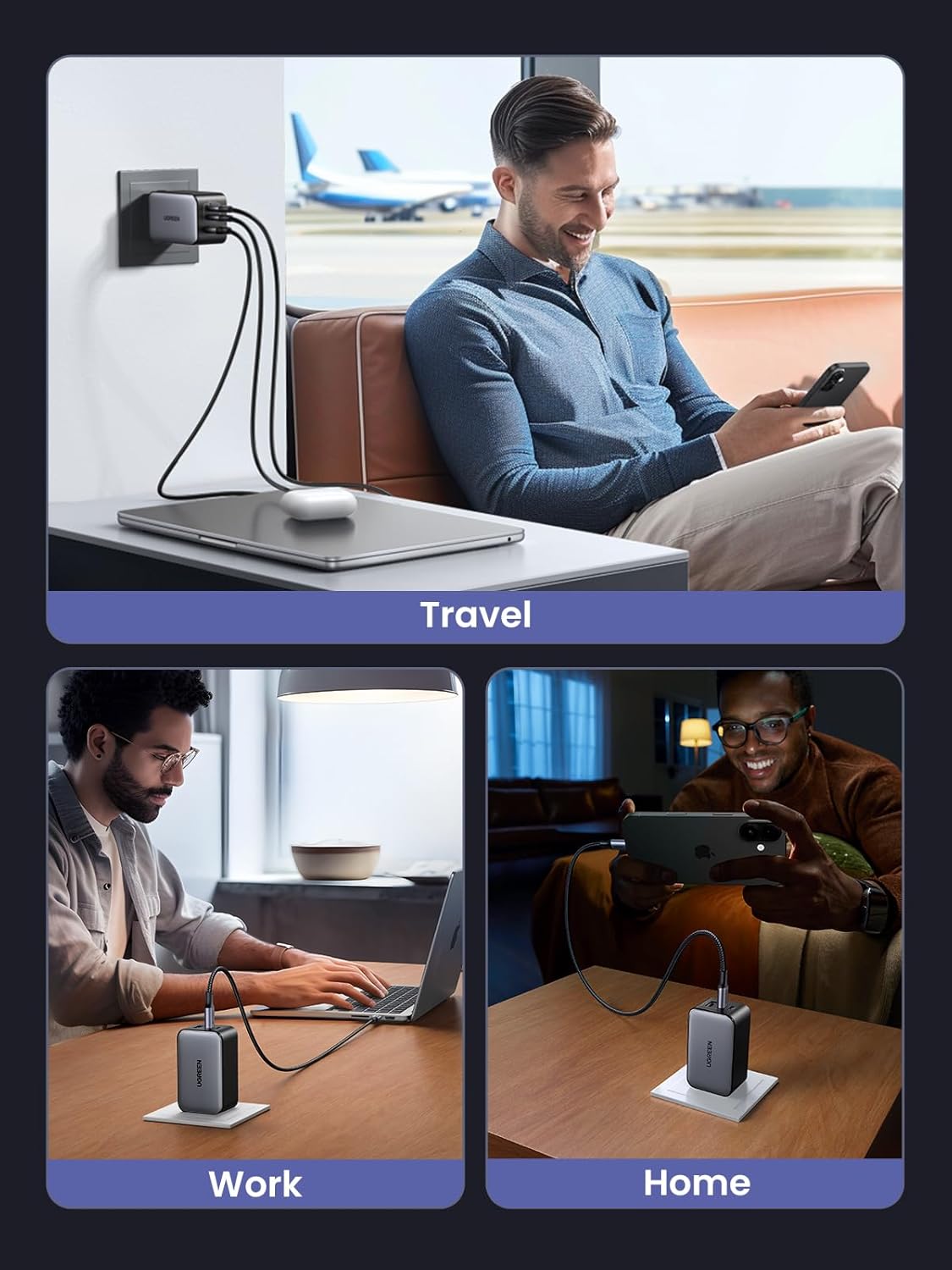 UGREEN 65W USB C Charger Block, Nexode 3-Port GaN Fast Type C Charger, Compact Foldable Power Adapter for MacBook Pro/Air, Dell XPS, iPhone 16/15, iPad Pro, Galaxy S25, (Black)