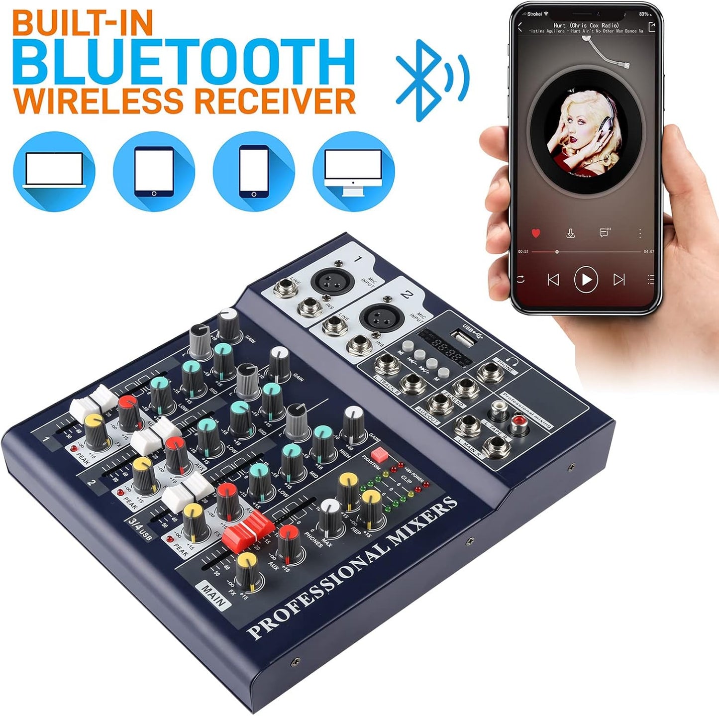 Dj Mixers 4 Channel Audio Mixer Sound Board with Bluetooth, Usb Audio Interface with 48V Phantom Power Sounds Mixer Board with FX Reverb Delay Effect for Streaming