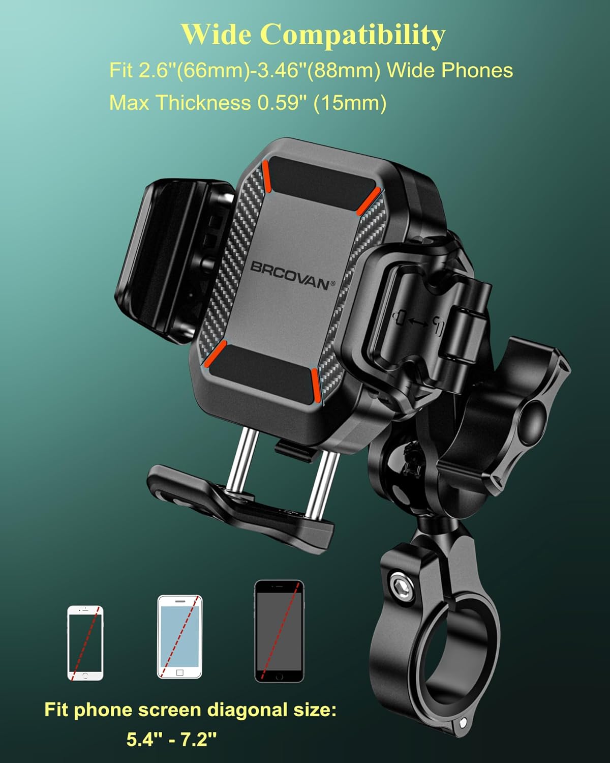 BRCOVAN Anti-Theft Motorcycle Phone Mount with Vibration Dampener, [1s Lock] [Camera Friendly] Handlebar Cellphone Holder for Bike Bicycle Scooter ATV, Adjustable Size Fit 5.4-7.2" Smartphone