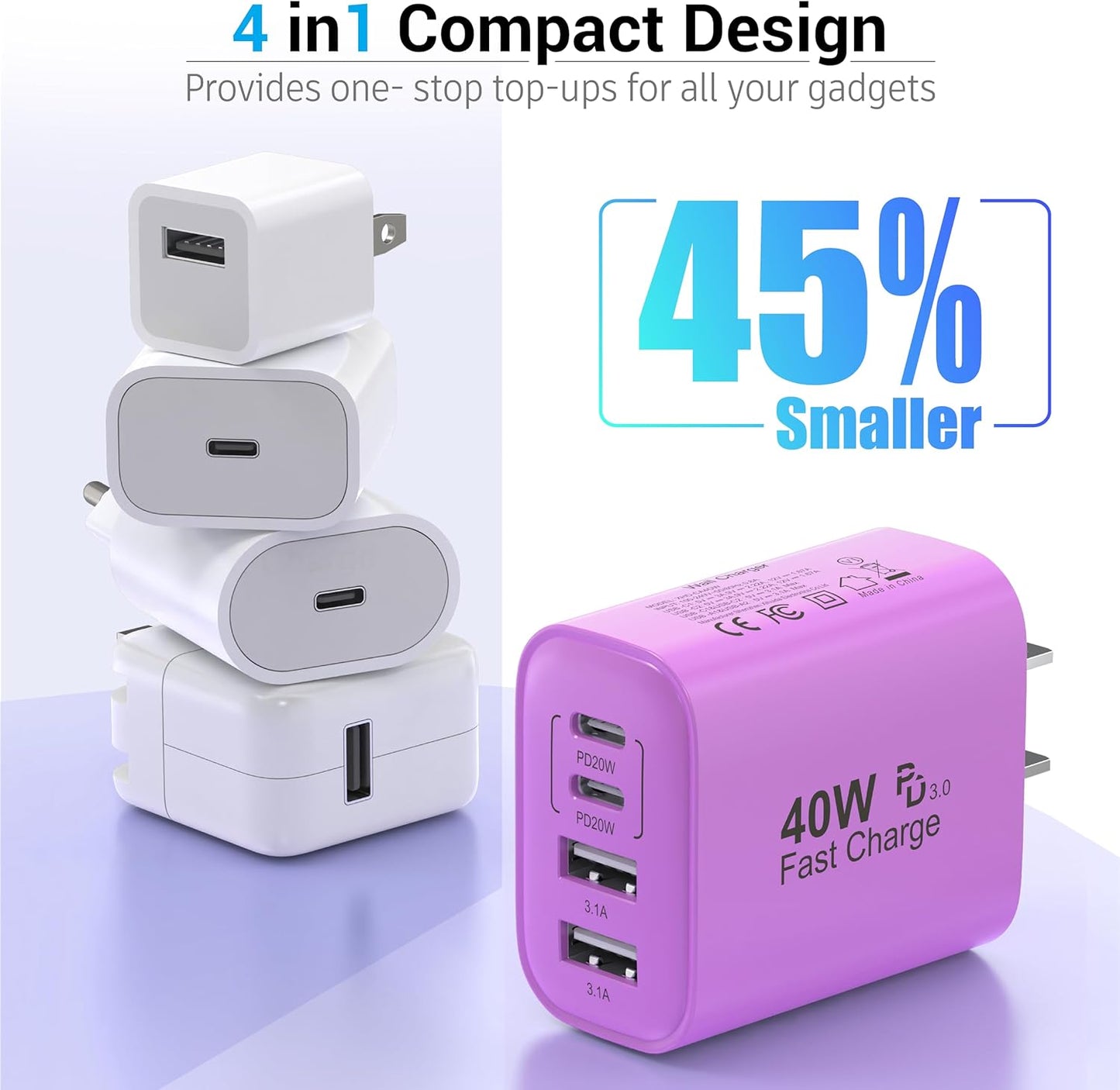 USB C Block 40W, 4 Ports Wall Plug Fast Charging Block, PD+QC Multiport Power Adapter USB C Charger Type C for iPhone 16,15,14,13,12,11, Pro Max, X, Xr, Xs, 8, 7, Watch, Galaxy Phones (Purple 1Pack)