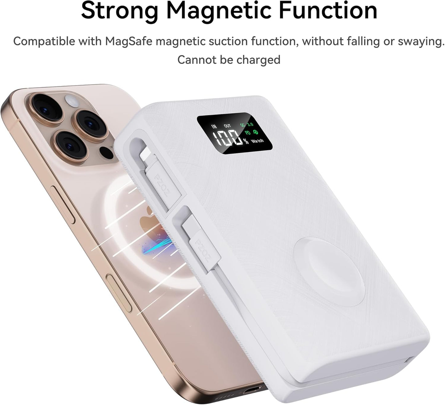 pzoz 20000mAh Portable Power Bank Powerbank Battery Pack with Apple Watch Magnetic Wireless Charger,USB Type C PD Fast Charging Cable Travel High Capacity Compatible iWatch iPhone 16 15 Phone (White)